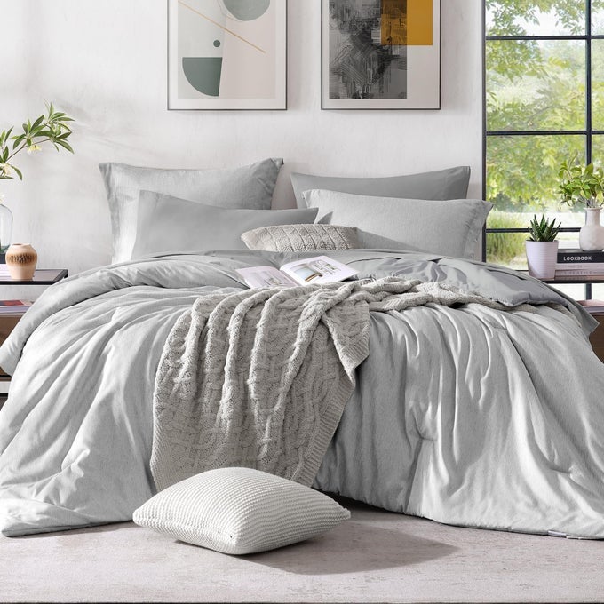 QUEEN COMFORTER SET 7 PIECES CATIONIC DYEING LIGHT GREY BED IN A BAG QUEEN BEDDING SETS WITH COMFORTER SHEETS PILLOWCASES SHAMS REVERSIBLE BEDDING COMFORTERS SETS