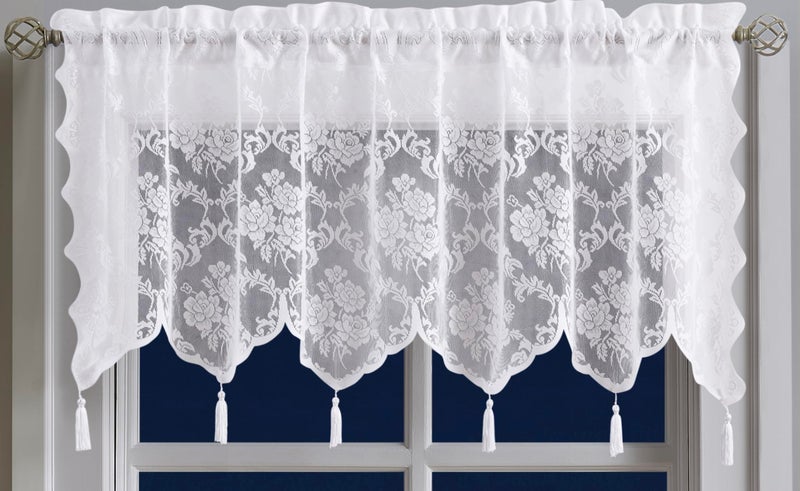 Warm Home Designs Warm Home Designs Pair of White Lace Curtains with Attached Valance and 6 Tassels Per Panel Sheer White Curtains 63 Inches Long Luxury Living Room Curtains or Dining Room Curtains MC White 63 
