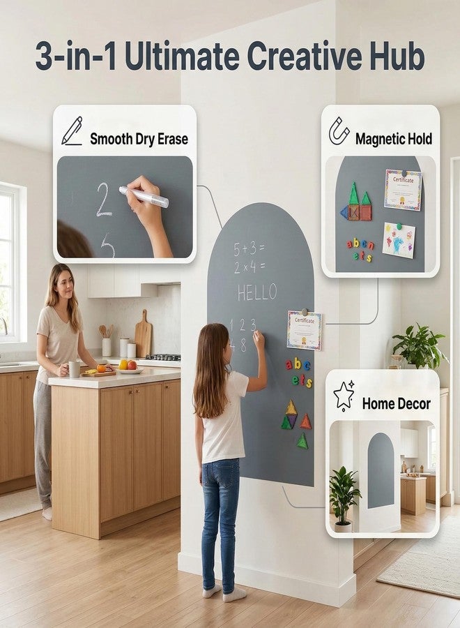Qiytecno Magnetic Arch Wall Decal: Large 39.4"x23.6" Strong Adhesive Screen Free Chalkboard for Wall - Modern Playroom Decor & Homeschool Learning Station for Toddlers 1-4 & Kids 5-10 (Quiet Gray) - Image 4