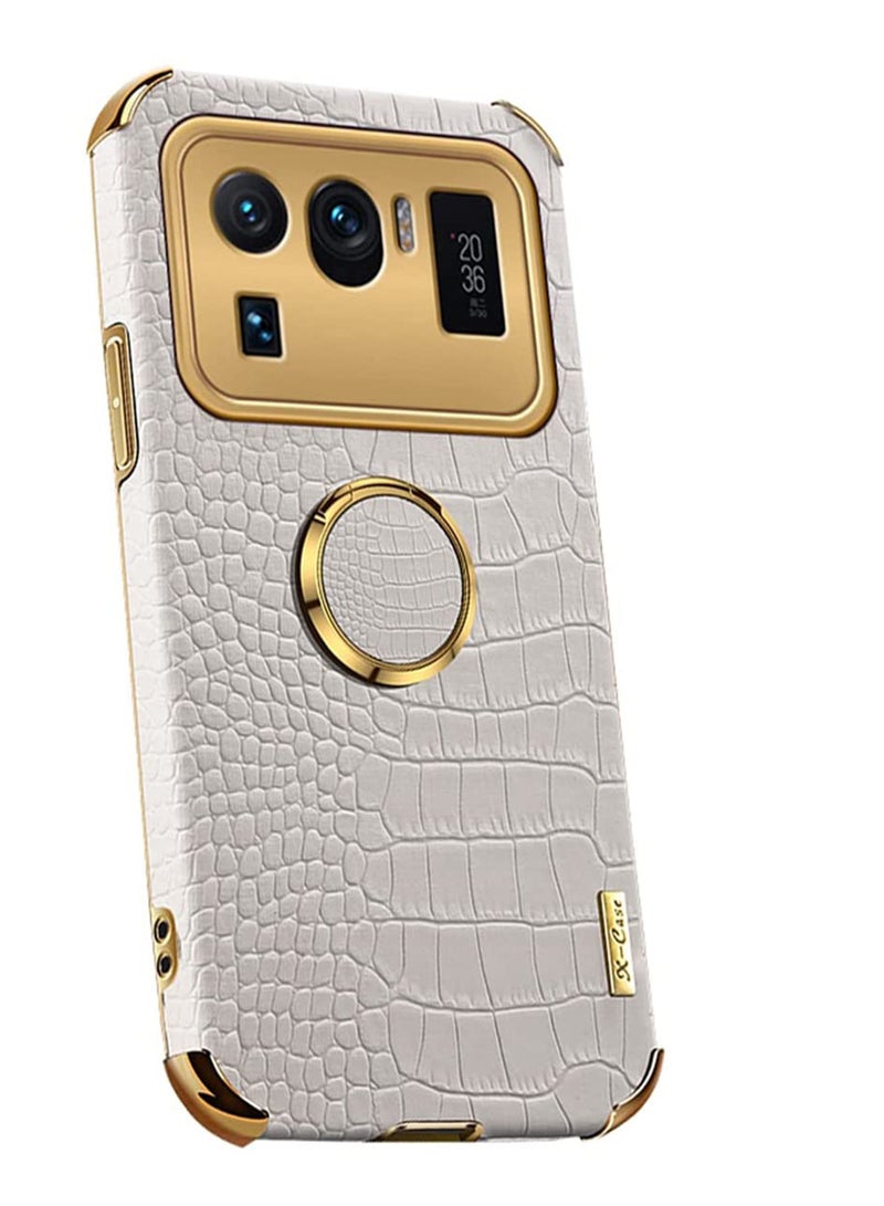 KASTWAVE Grandcaser Case for Mi 11 Ultra Ultra-thin Soft TPU Crocodile Leather Shockproof Bumper With Ring Bracket Protective Cover for Xiaomi Mi 11 Ultra 6.81" -White - Image 2