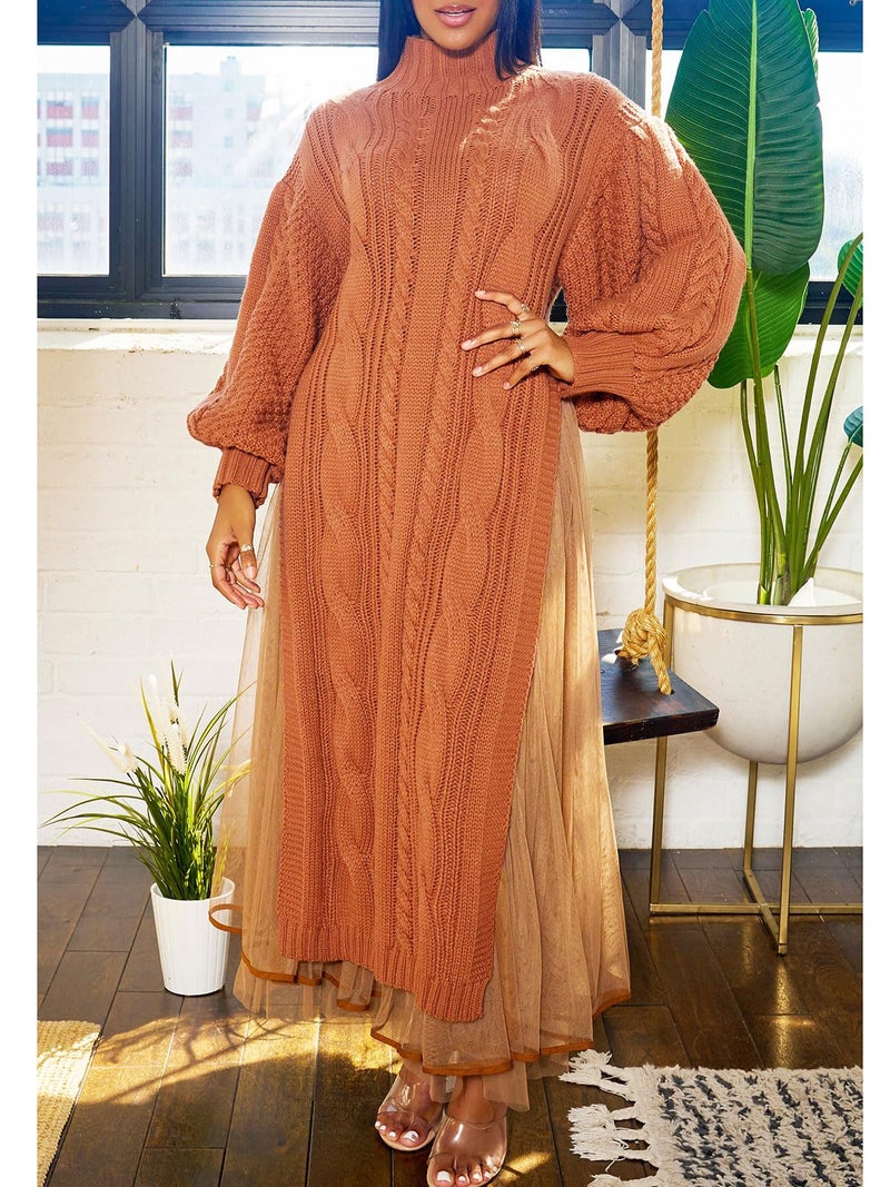 KANSOON Sweater Sets for Women 2 Piece Outfit Sets Belted Pullover Maxi Slit Sweater and Elastic Waist Long Tulle Skirt Set Brown XL - Image 5