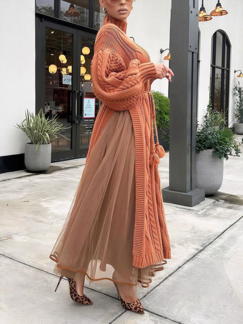 KANSOON Sweater Sets for Women 2 Piece Outfit Sets Belted Pullover Maxi Slit Sweater and Elastic Waist Long Tulle Skirt Set Brown XL - Image 3