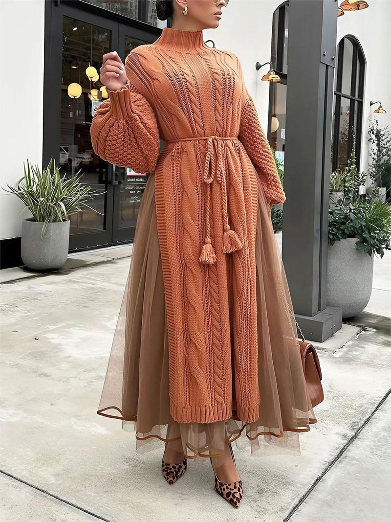 KANSOON Sweater Sets for Women 2 Piece Outfit Sets Belted Pullover Maxi Slit Sweater and Elastic Waist Long Tulle Skirt Set Brown XL - Image 2