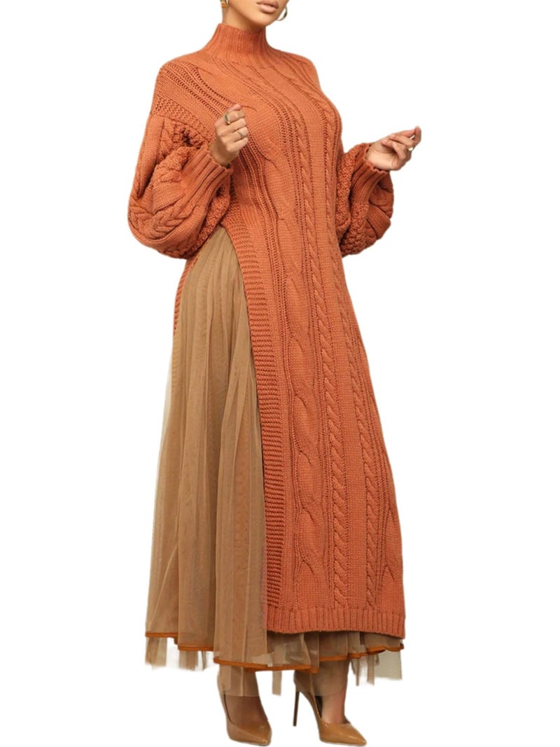 KANSOON Sweater Sets for Women 2 Piece Outfit Sets Belted Pullover Maxi Slit Sweater and Elastic Waist Long Tulle Skirt Set Brown XL - Image 1