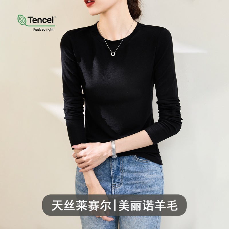 Wool Tencel Lyocell Fitted Round Neck Womens Tee for Summer Black long sleeves 
