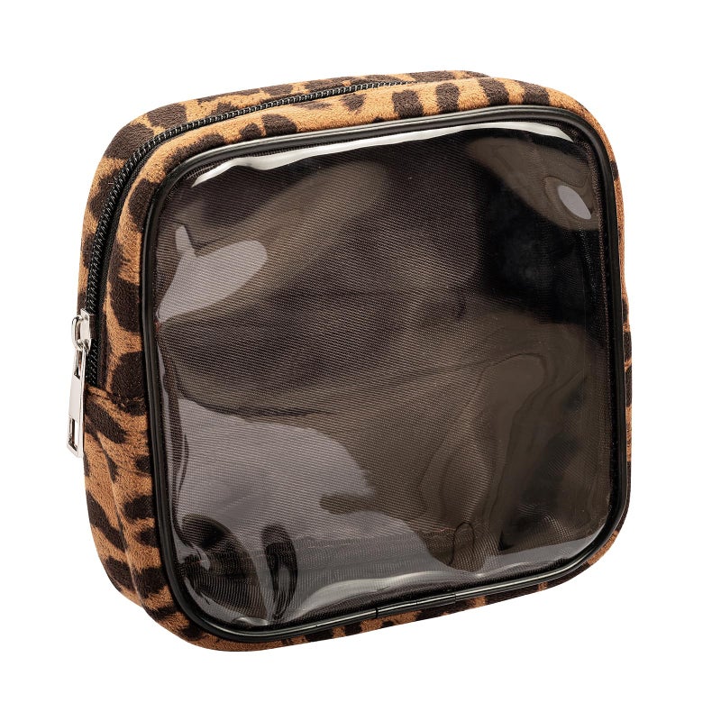 AGBIADD Fabric Leopard Print Clear Makeup Bag Travel Cosmetic Case Transparent Toiletry Bag with Zipper, Portable Make Up Organizer Traveling Compact Car Bag for Essentials (Brown) - Image 1