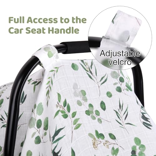 Rquite Car Seat Cover for Girl Boy, Muslin Cotton Infant Car Seat Canopy, Breathable Baby Carrier Cover, Summer Stroller Sun Shade, Leaf - Image 3