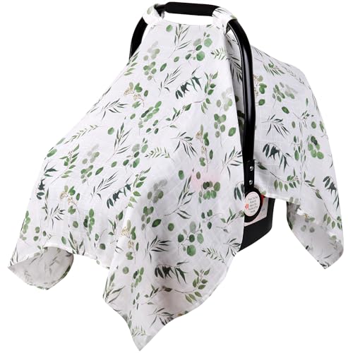 Rquite Car Seat Cover for Girl Boy, Muslin Cotton Infant Car Seat Canopy, Breathable Baby Carrier Cover, Summer Stroller Sun Shade, Leaf - Image 1