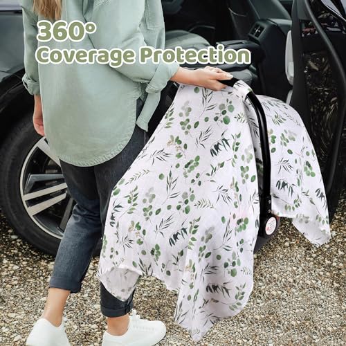 Rquite Car Seat Cover for Girl Boy, Muslin Cotton Infant Car Seat Canopy, Breathable Baby Carrier Cover, Summer Stroller Sun Shade, Leaf - Image 4