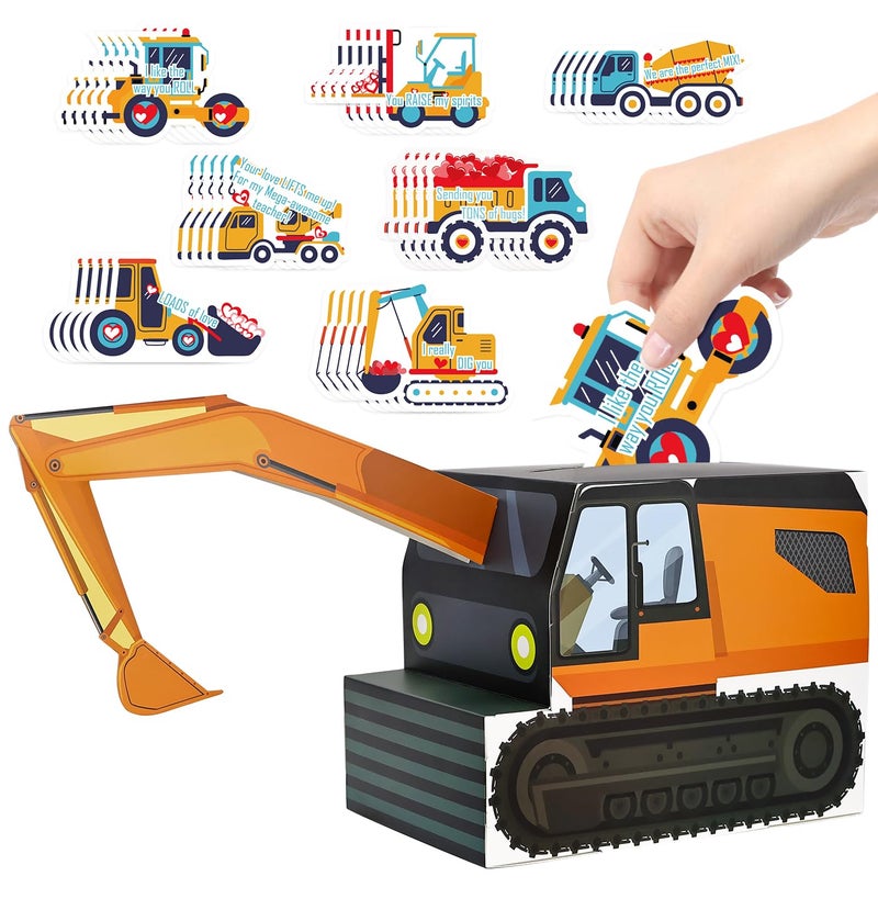 HEIPINIUYE Valentines Cards for Kids 3D Excavator Valentines Box for Kids Classroom School Gift Exchange Digger Valentine Mailbox with 30 Construction Cards and 5 Teacher Card - Image 1
