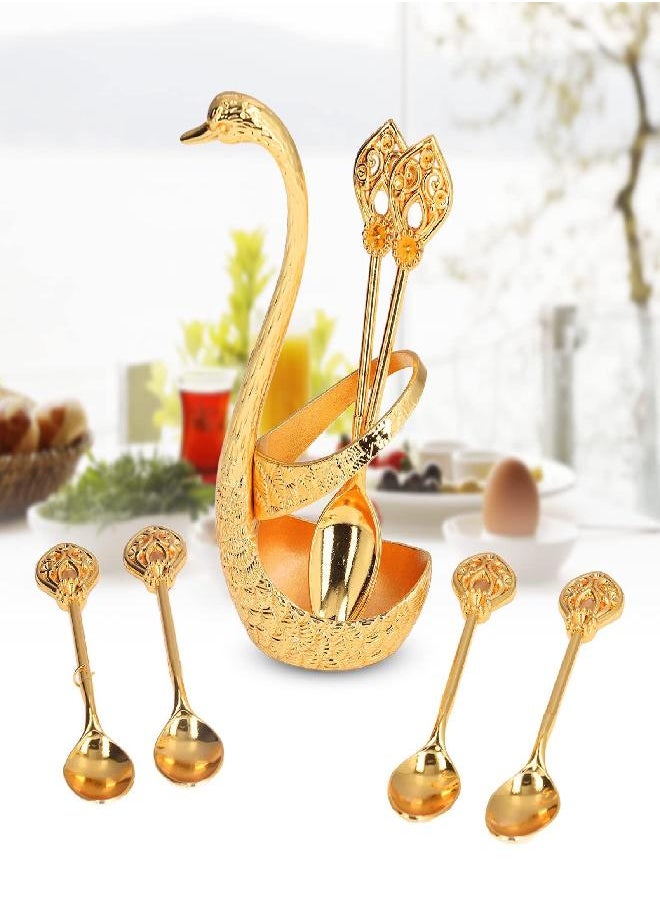 Zerodis - Decorative Swan Base Holder with Coffee Spoon Set, Zinc Alloy Embossment Coffee Stirrers Holder Elegant Swan Coffee Spoon Holder for Spoons Fruit Dessert(Gold) - Image 1