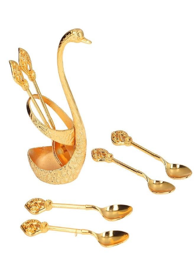 Zerodis - Decorative Swan Base Holder with Coffee Spoon Set, Zinc Alloy Embossment Coffee Stirrers Holder Elegant Swan Coffee Spoon Holder for Spoons Fruit Dessert(Gold) - Image 1