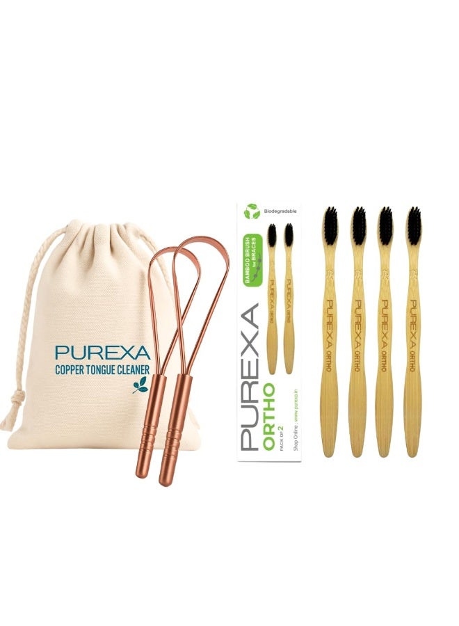 purexa Orthodontic Bamboo Oral Care Set | 4 Ortho Toothbrushes for Braces with 2 Copper Tongue Cleaners | Activated Charcoal Soft Bristles | Eco-Friendly Combo - Image 1