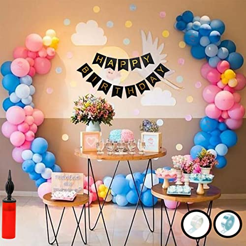 Hemito 64 Pcs Happy Birthday Decoration Kit Pink Blue Yellow Balloon with Birthday Banner, Glue Dot Arch Roll with Pump|Birthday Decoration Item Material Rubber - Image 1