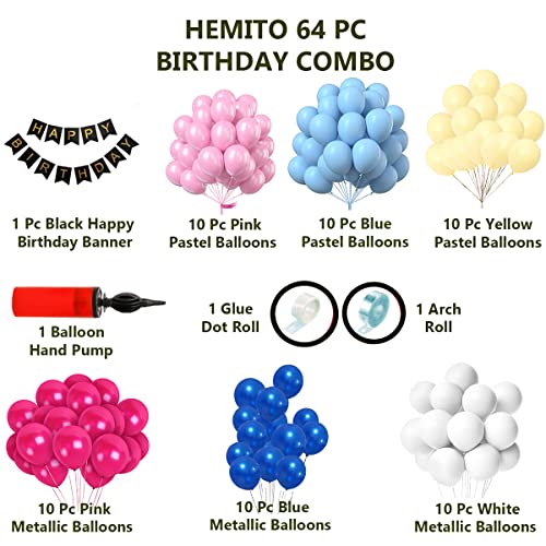 Hemito 64 Pcs Happy Birthday Decoration Kit Pink Blue Yellow Balloon with Birthday Banner, Glue Dot Arch Roll with Pump|Birthday Decoration Item Material Rubber - Image 2