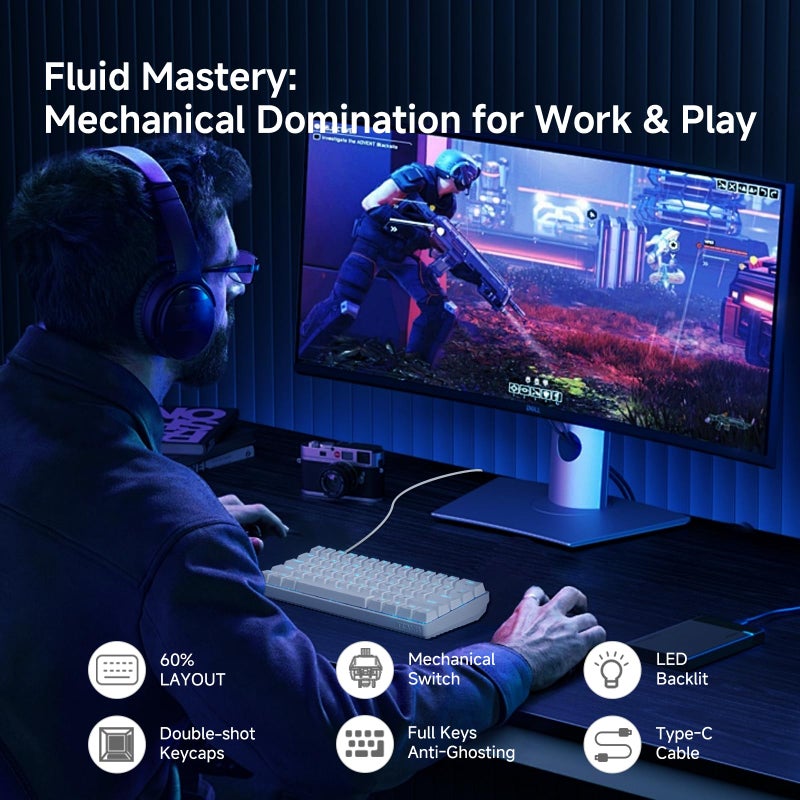 TMKB Technology Mechanical KeyBoard لوحة مفاتيح ألعاب ميكانيكية TMKB 60%، مفتاح خطي أحمر، إضاءة خلفية LED، مضادة للتداخل، USB-C قابلة للفصل، مفاتيح مزدوجة الطباعة، 61 مفتاح، سلكية، بيضاء - Image 2