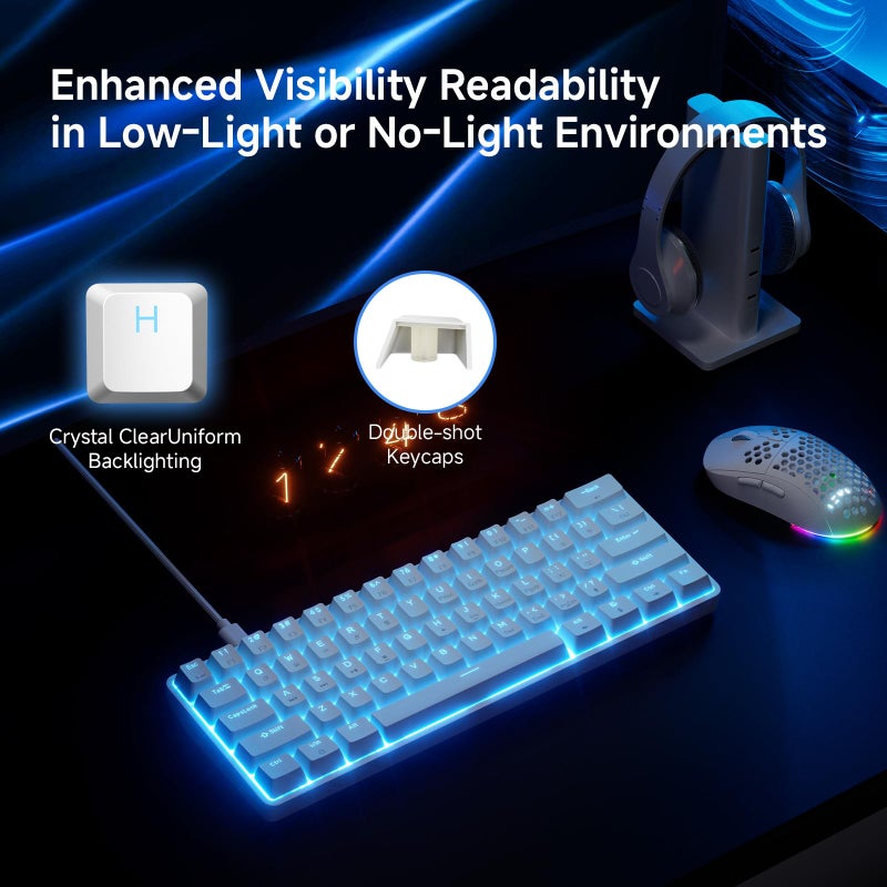 TMKB Technology Mechanical KeyBoard لوحة مفاتيح ألعاب ميكانيكية TMKB 60%، مفتاح خطي أحمر، إضاءة خلفية LED، مضادة للتداخل، USB-C قابلة للفصل، مفاتيح مزدوجة الطباعة، 61 مفتاح، سلكية، بيضاء - Image 4