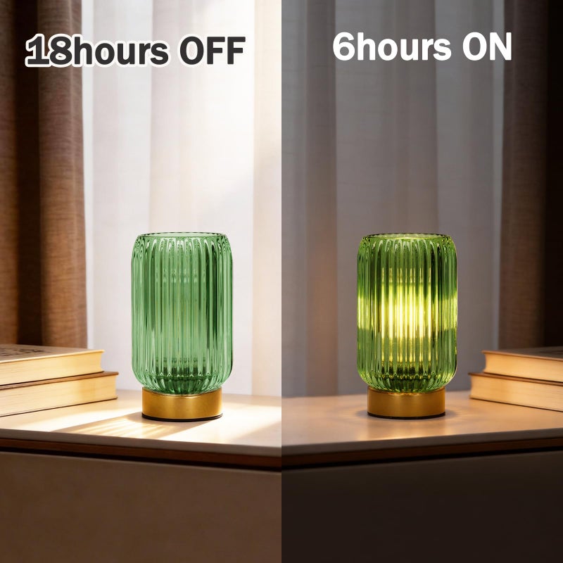 MJ PREMIER Cordless Lamp, Battery Operated Lamp with Timer, Green Glass Lampshade, Small Table Lamps for Area No Plug, Decorative Led Light for Bedroom Living Room Shelf (Green) - Image 4