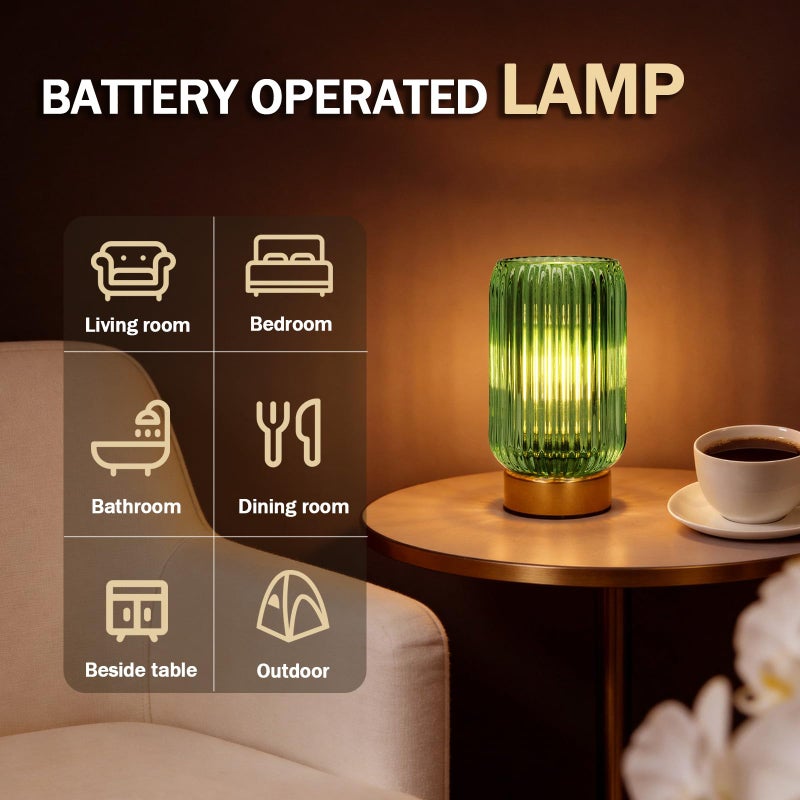 MJ PREMIER Cordless Lamp, Battery Operated Lamp with Timer, Green Glass Lampshade, Small Table Lamps for Area No Plug, Decorative Led Light for Bedroom Living Room Shelf (Green) - Image 5