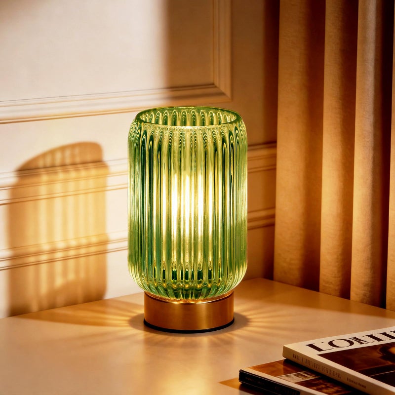 MJ PREMIER Cordless Lamp, Battery Operated Lamp with Timer, Green Glass Lampshade, Small Table Lamps for Area No Plug, Decorative Led Light for Bedroom Living Room Shelf (Green) - Image 1