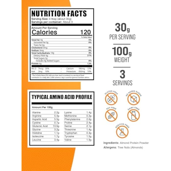 BulkSupplements.com Almond Protein Powder - Plant Based Protein, Almond Powder - Vegan, Gluten Free, & No Sugar, 30g per Serving, 100g (3.5 oz) (Pack of 1) - Image 2
