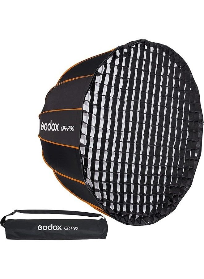 QR-P90 35.5"/90cm Quick Release Portable Deep Parabolic Softbox + Honeycomb Grid for Bowens Mount Studio Flash,Studio Flash Umbrella Diffuser(Godox QR-P90+ Honeycomb Grid)