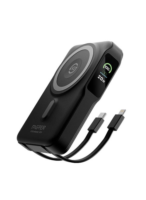 10000 mAh Power Bank with Built-in Cables - 20W Fast Charging Portable Charger - iPhone MagSafe Wireless Power Bank - Portable Mobile Charger with 1 Lightning Cable & 1 USB C Cable - Battery Pack For iPhone Samsung Android - Compact Design with LED Display (Black)