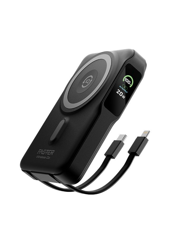 Faster - 10000 mAh Power Bank with Built-in Cables - 20W Fast Charging Portable Charger - iPhone MagSafe Wireless Power Bank - Portable Mobile Charger with 1 Lightning Cable & 1 USB C Cable - Battery Pack For iPhone Samsung Android - Compact Design with LED Display (Black) - Image 1