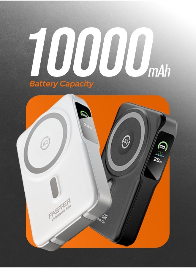 Faster - 10000 mAh Power Bank with Built-in Cables - 20W Fast Charging Portable Charger - iPhone MagSafe Wireless Power Bank - Portable Mobile Charger with 1 Lightning Cable & 1 USB C Cable - Battery Pack For iPhone Samsung Android - Compact Design with LED Display (Black) - Image 1