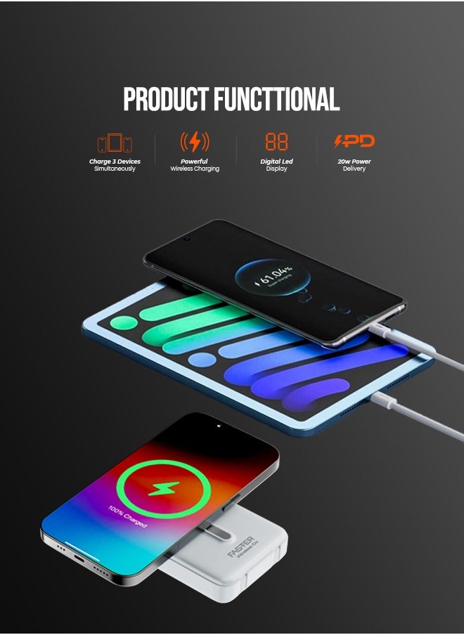 Faster - 10000 mAh Power Bank with Built-in Cables - 20W Fast Charging Portable Charger - iPhone MagSafe Wireless Power Bank - Portable Mobile Charger with 1 Lightning Cable & 1 USB C Cable - Battery Pack For iPhone Samsung Android - Compact Design with LED Display (Black) - Image 1