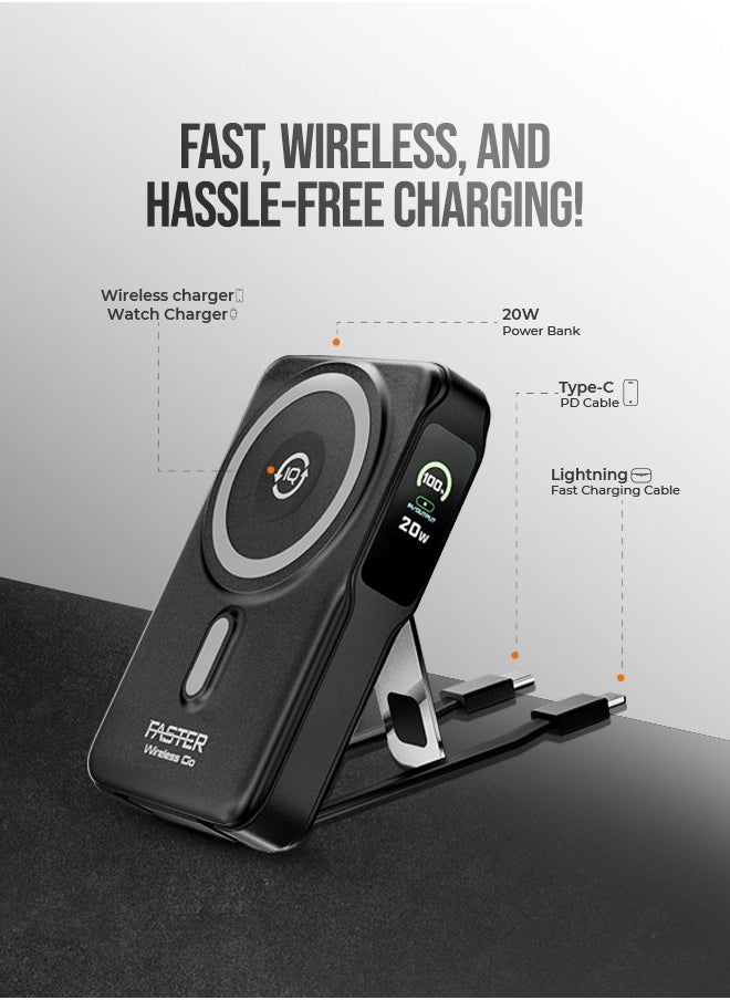 Faster - 10000 mAh Power Bank with Built-in Cables - 20W Fast Charging Portable Charger - iPhone MagSafe Wireless Power Bank - Portable Mobile Charger with 1 Lightning Cable & 1 USB C Cable - Battery Pack For iPhone Samsung Android - Compact Design with LED Display (Black) - Image 1