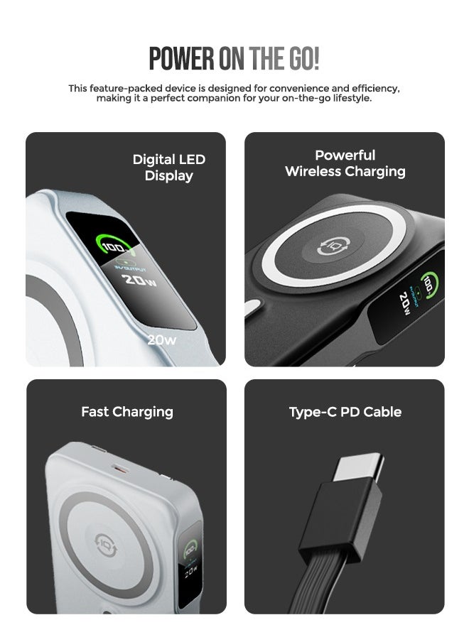 Faster - 10000 mAh Power Bank with Built-in Cables - 20W Fast Charging Portable Charger - iPhone MagSafe Wireless Power Bank - Portable Mobile Charger with 1 Lightning Cable & 1 USB C Cable - Battery Pack For iPhone Samsung Android - Compact Design with LED Display (Black) - Image 1