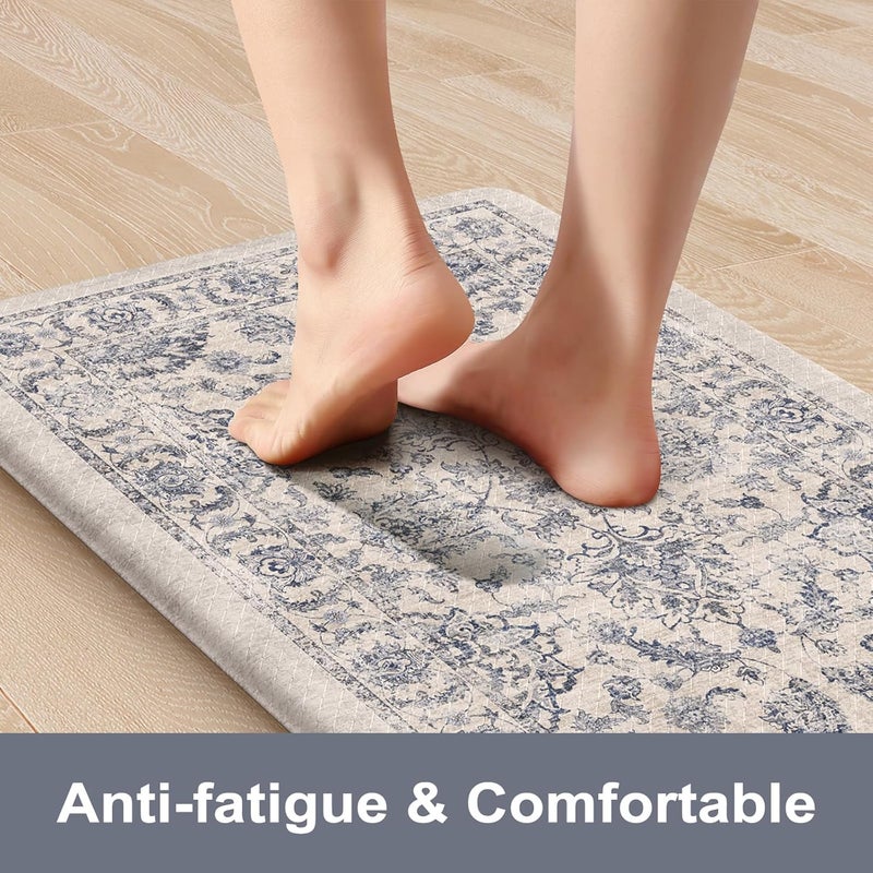 KIMODE Anti Fatigue Boho Floral Rugs 17"x47"+17"x29", Cushioned Non Slip Mats for Sink, Laundry, Office, Desk Blue Multi - Image 3