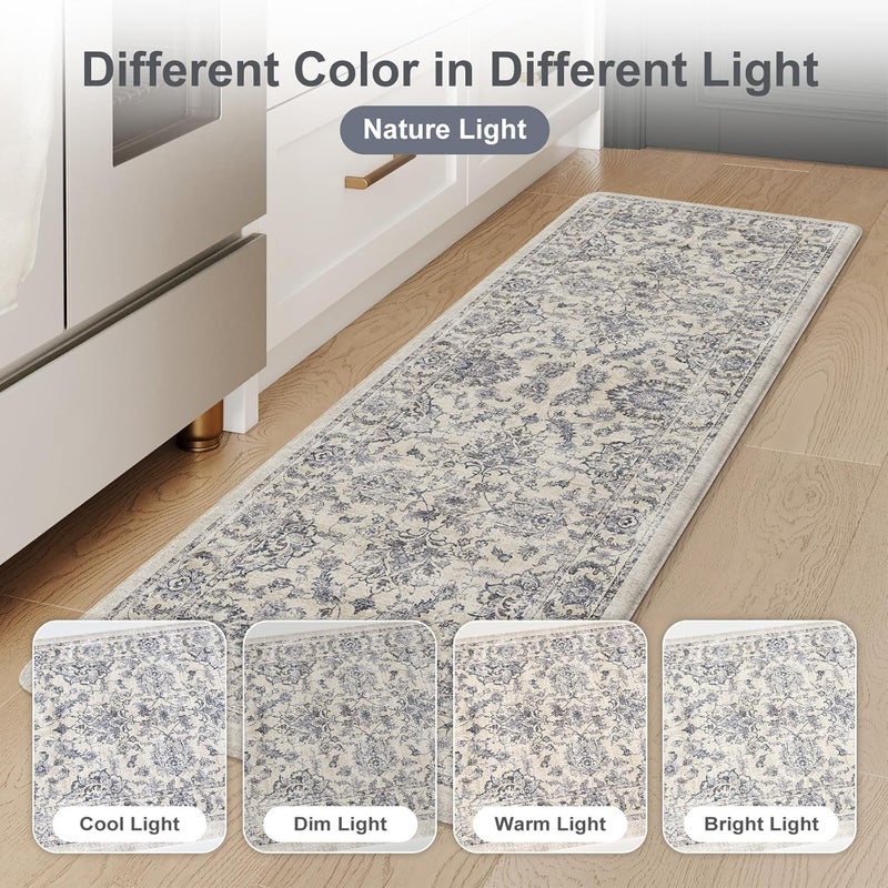 KIMODE Anti Fatigue Boho Floral Rugs 17"x47"+17"x29", Cushioned Non Slip Mats for Sink, Laundry, Office, Desk Blue Multi - Image 5