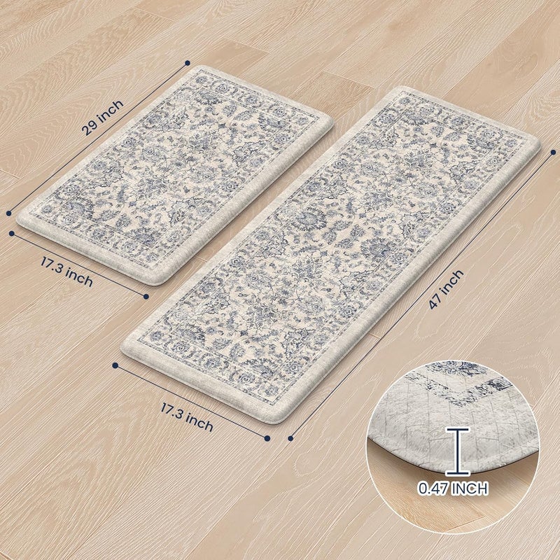 KIMODE Anti Fatigue Boho Floral Rugs 17"x47"+17"x29", Cushioned Non Slip Mats for Sink, Laundry, Office, Desk Blue Multi - Image 2