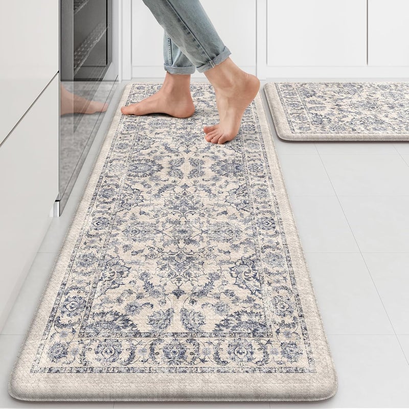 KIMODE Anti Fatigue Boho Floral Rugs 17"x47"+17"x29", Cushioned Non Slip Mats for Sink, Laundry, Office, Desk Blue Multi - Image 1