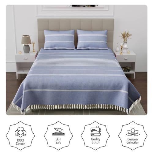 Värde 210 TC Cotton Double Bedsheet with 2 Pillow Cover | Handloom Bedsheets for Single Bed | Handmade Bedsheet | All Season Comfort | Breathable Size 90X100 Inches (Tropical Blue) - Image 2