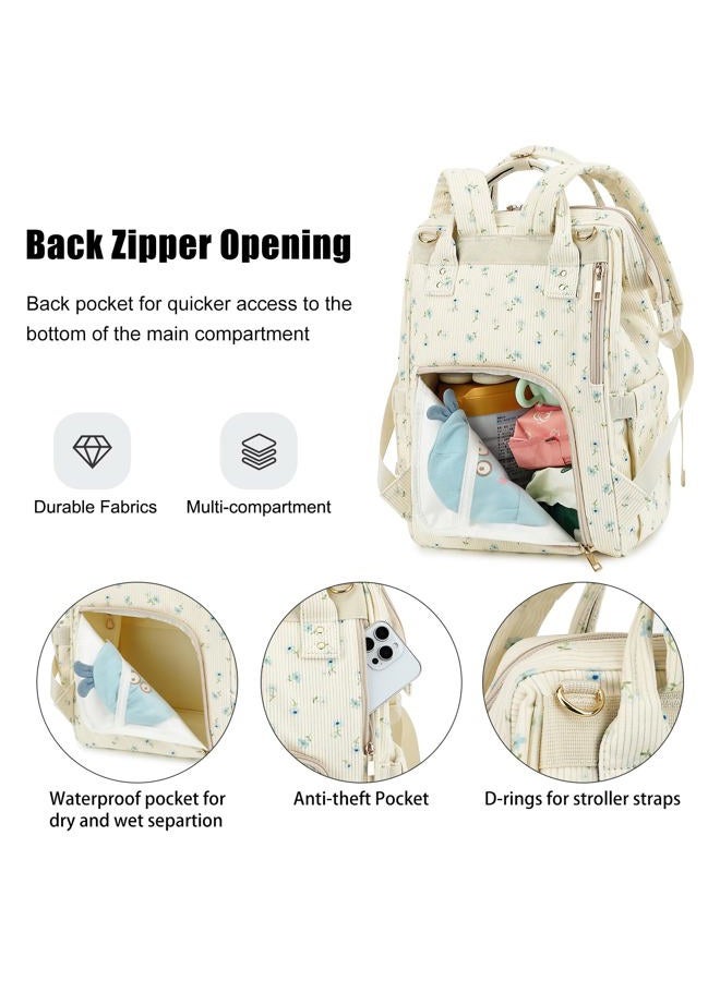 Dezcrab Baby Diaper Bag Backpack for Mom, Large Capacity Travel Nappy Bag for Boys & Girls with Stroller Straps, Corduroy Flowers Blue, 11.8 x 6.3 x 16.5 inches, 22L, Cottage - Image 4
