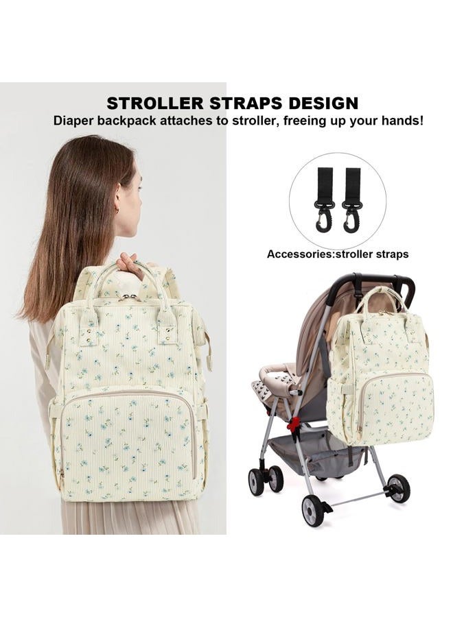 Dezcrab Baby Diaper Bag Backpack for Mom, Large Capacity Travel Nappy Bag for Boys & Girls with Stroller Straps, Corduroy Flowers Blue, 11.8 x 6.3 x 16.5 inches, 22L, Cottage - Image 2