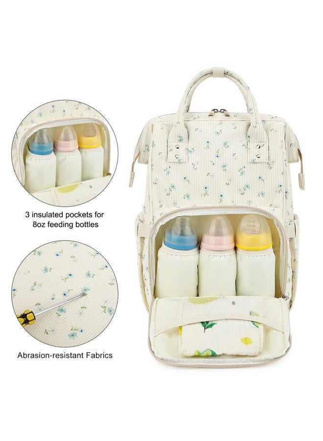 Dezcrab Baby Diaper Bag Backpack for Mom, Large Capacity Travel Nappy Bag for Boys & Girls with Stroller Straps, Corduroy Flowers Blue, 11.8 x 6.3 x 16.5 inches, 22L, Cottage - Image 3