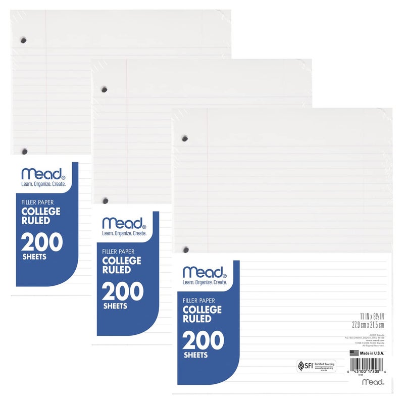 Mead Loose Leaf Paper 3 Pack Notebook Paper College Ruled Filler Paper Standard 85 x 11 200 Sheets per Pack 73189