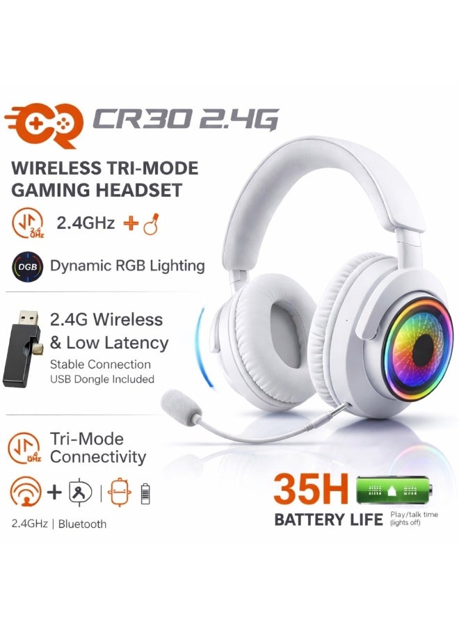 سي ار قيمينج سماعة ألعاب لاسلكية CR30 2.4G RGB – تأخير منخفض، بث ثلاثي (دونجل 2.4GHz وبلوتوث)، سماعات مع ميكروفون، بطارية 35 ساعة، متوافقة مع الكمبيوتر، PS5، اللابتوب والموبايل - Image 2