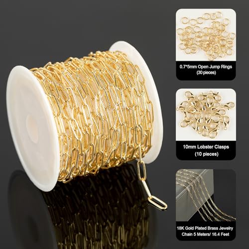 YOUBEIYEE 16.4 Feet Light Gold Embossed Paperclip Chain for Jewelry Making 18K Gold Plated Brass Chain Roll Women Necklace Bracelet DIY Jewelry Supplies - Image 2