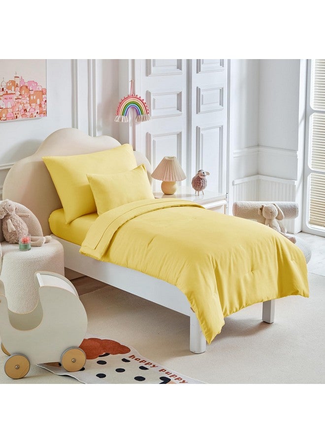 Uozzi Bedding طقم سرير للأطفال - 5 قطع طقم سرير ناعم وقابل للتنفس للأطفال للأولاد والبنات، يتضمن لحاف مبطن، شريحة ملائمة، شريحة علوية مسطحة، غطاء وسادة قياسي وغطاء وسادة للأطفال، أصفر - Image 1