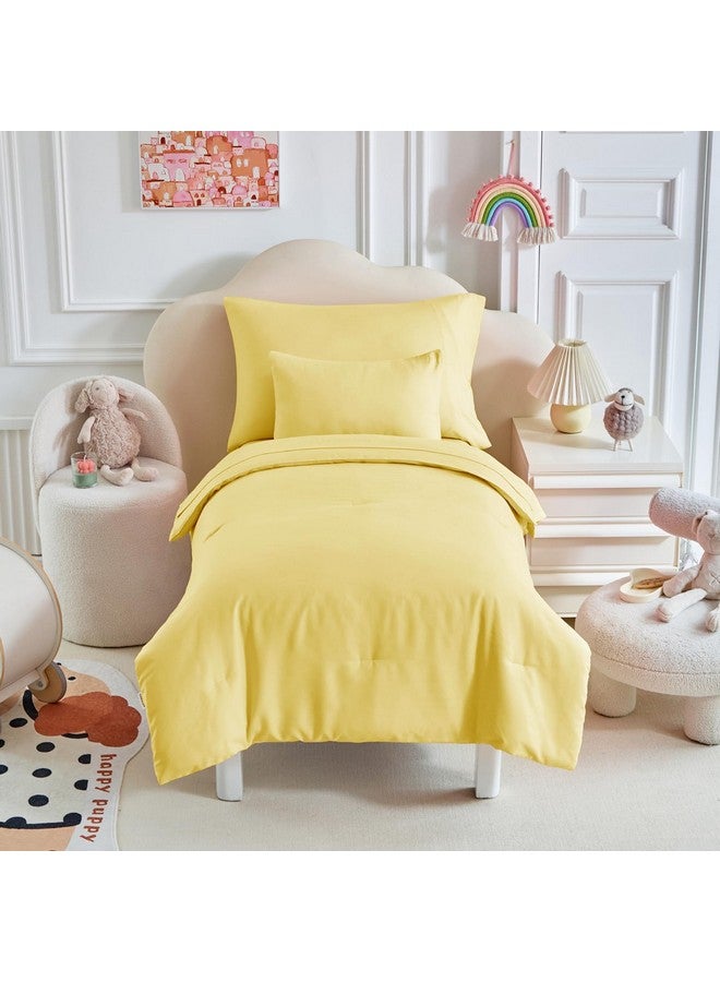 Uozzi Bedding طقم سرير للأطفال - 5 قطع طقم سرير ناعم وقابل للتنفس للأطفال للأولاد والبنات، يتضمن لحاف مبطن، شريحة ملائمة، شريحة علوية مسطحة، غطاء وسادة قياسي وغطاء وسادة للأطفال، أصفر - Image 3