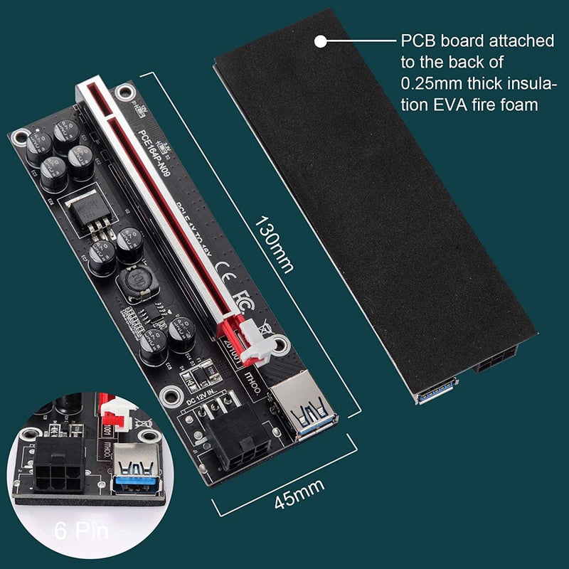 009SPLUS PCI-E Riser Card 1X-16X Extension Cable with 8 Solid Capacitors 6pin Graphics Extension ETH Mining Powered Riser Adapter with LED Display - Image 5