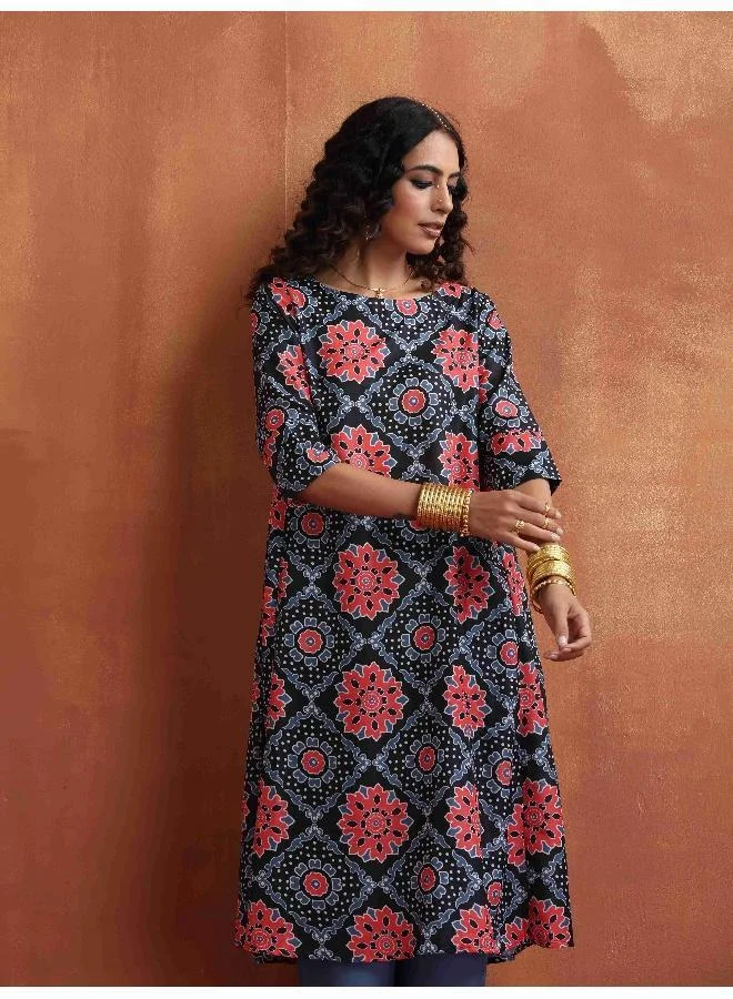 trueBrowns Black Ajrak Print A-line Kurta Set