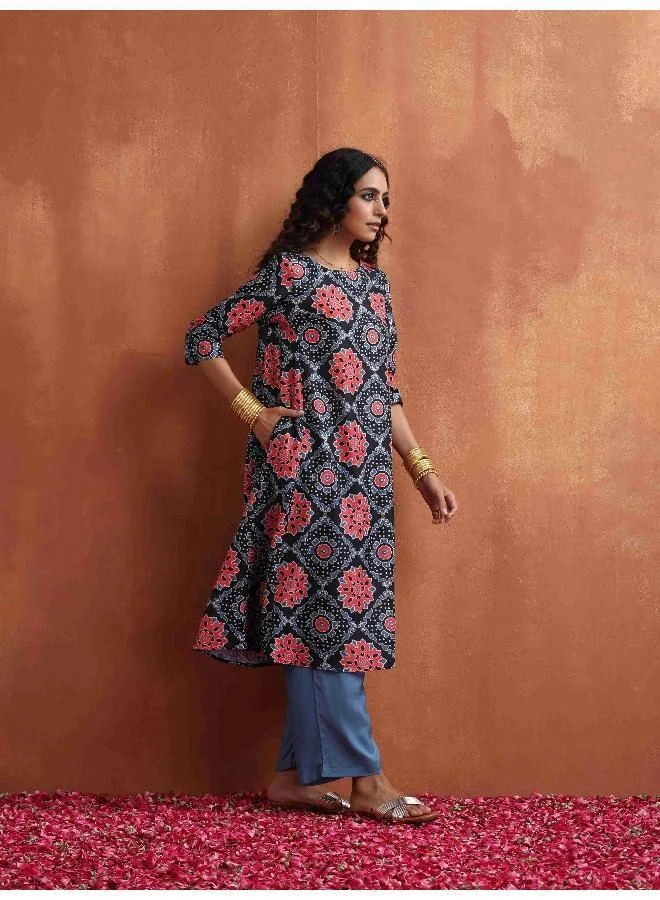 trueBrowns Black Ajrak Print A-line Kurta Set