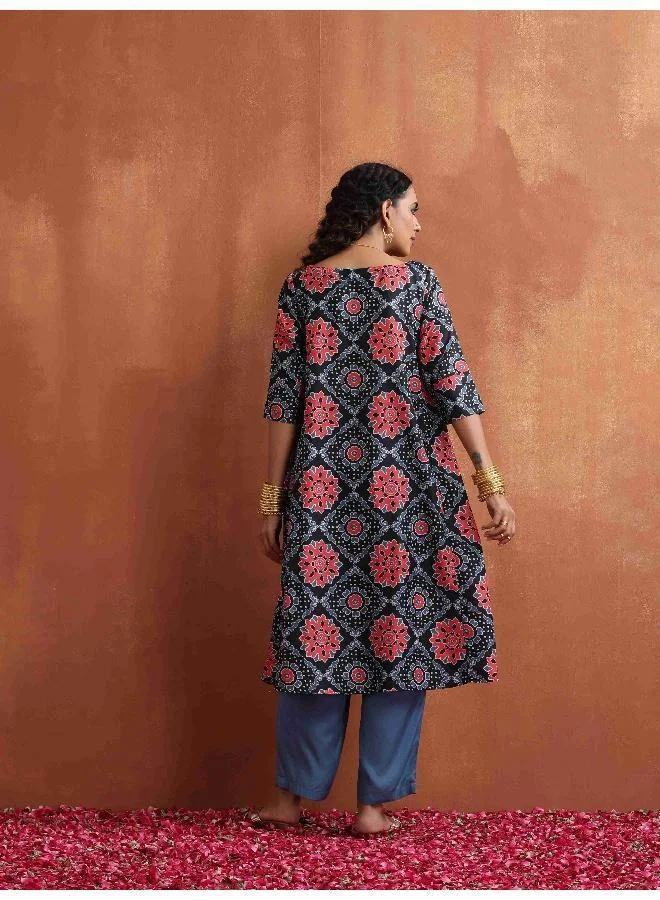 trueBrowns Black Ajrak Print A-line Kurta Set