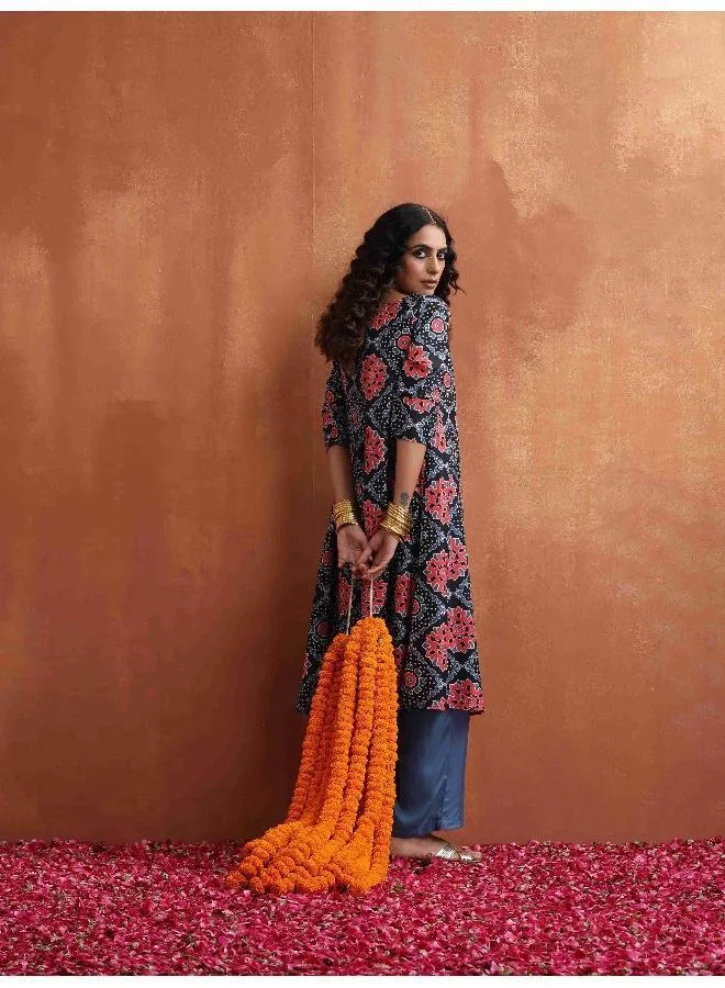 trueBrowns Black Ajrak Print A-line Kurta Set